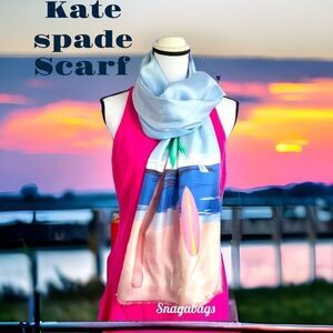 KATE SPADE NWT 100% SILK OBLONG SCARF WRAP BAYSIDE BLUE BEACH SCENE